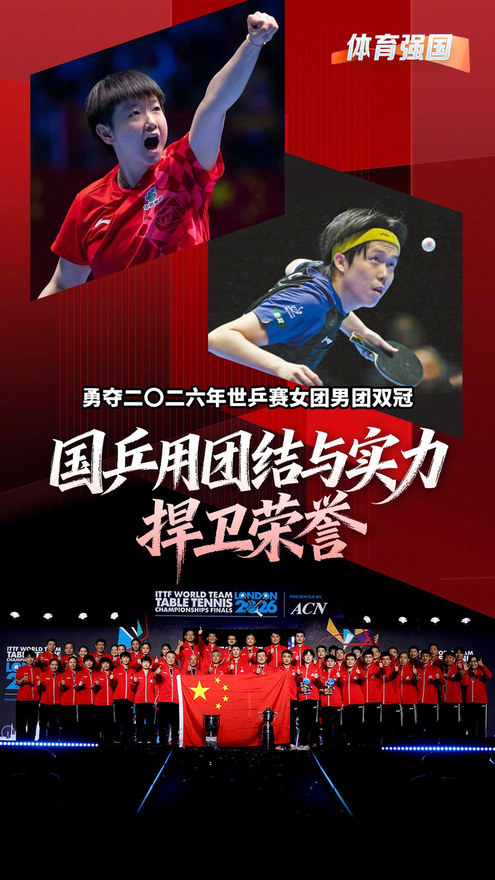u8国际-国乒包揽2026世乒赛男女团冠军，孙颖莎王楚钦全胜夺最佳|中国乒乓球队|乒乓|世界乒乓球锦标赛|斯韦思林杯|考比伦杯_新浪体育_新浪新闻